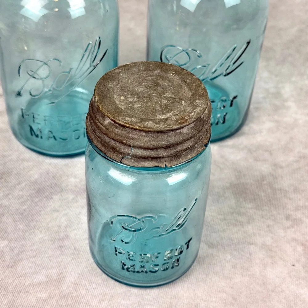 Vintage Ball Perfect Mason Jars Aqua Blue Glass Set of 3 Zinc Lids Antique Decor